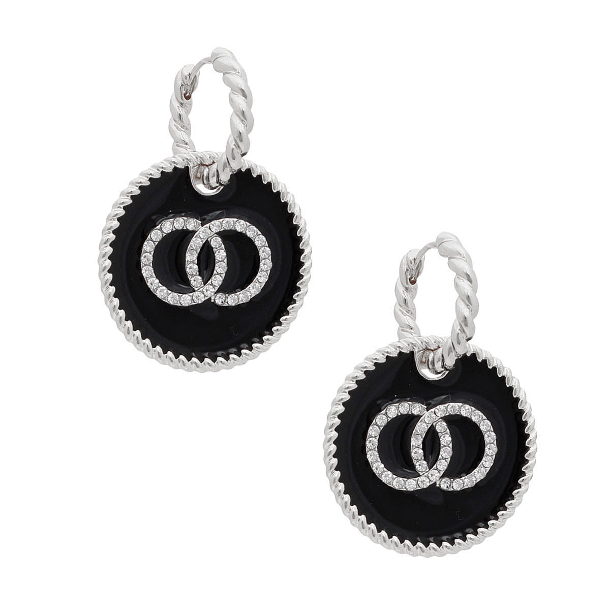 Black Infinity Charm Twisted Silver Hoops
