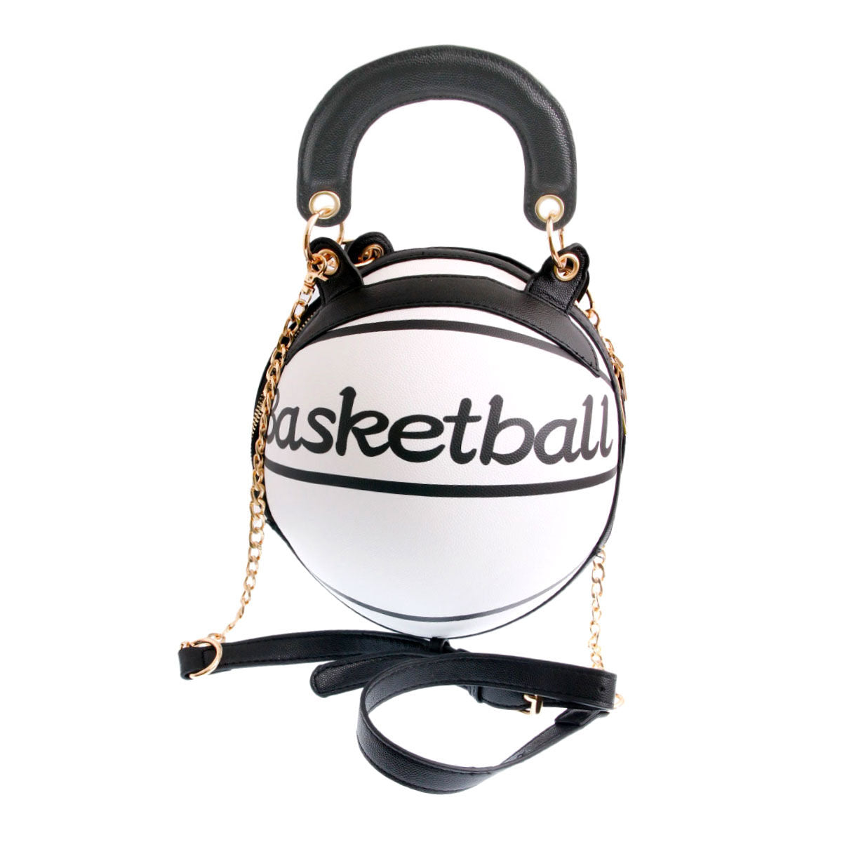 White Basketball Handbag with Rounded Handles and Zipper Closure on Fancy5Fashion.com