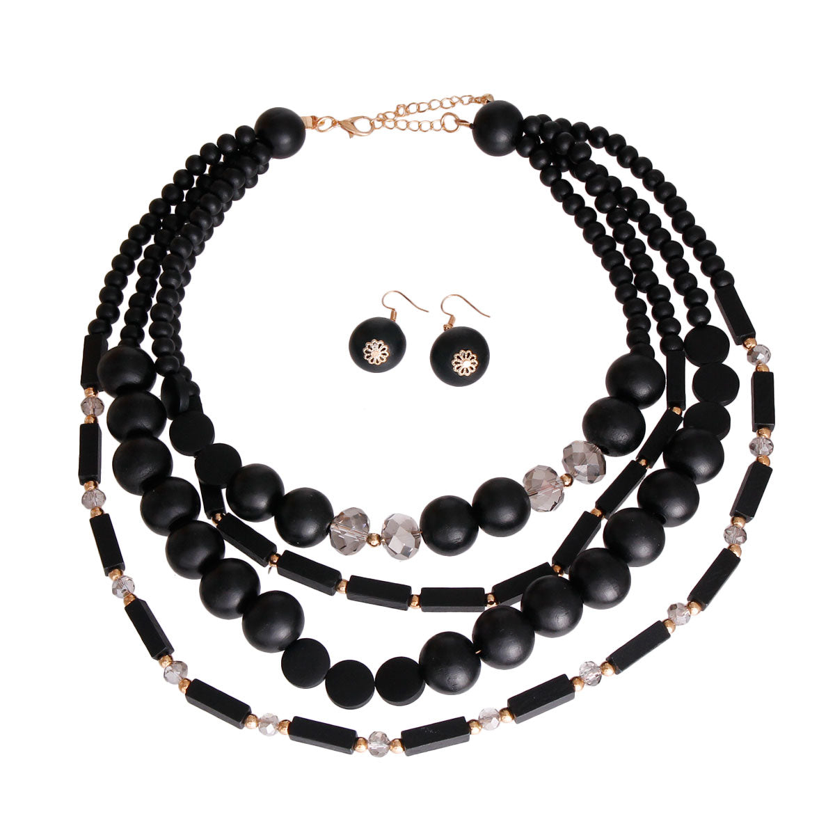 Black Wooden Bead 4 Strand Necklace