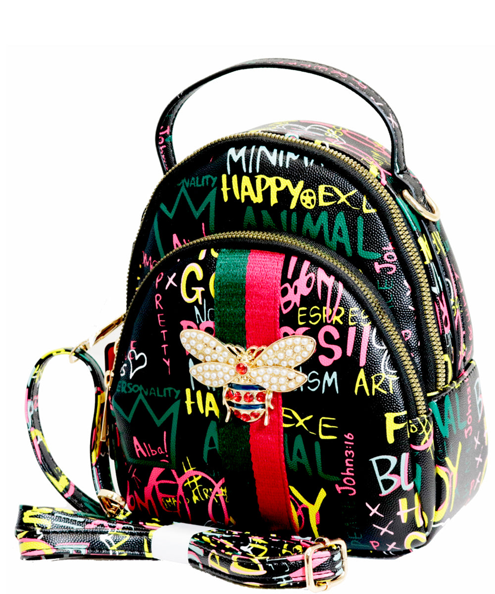 Graffiti Queen Bee Stripe Convertible Backpack Satchel GP2751B GOLD by Fancy5Fashion on Fancy5Fashion.com