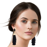 Black Raffia Stacked Tassel Earrings
